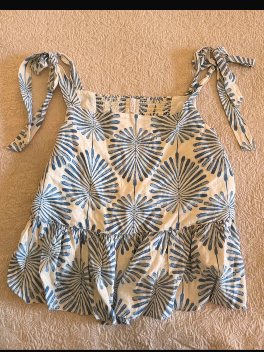 Joie Cream Tank Top with Blue Floral Burst Print and Tie Straps